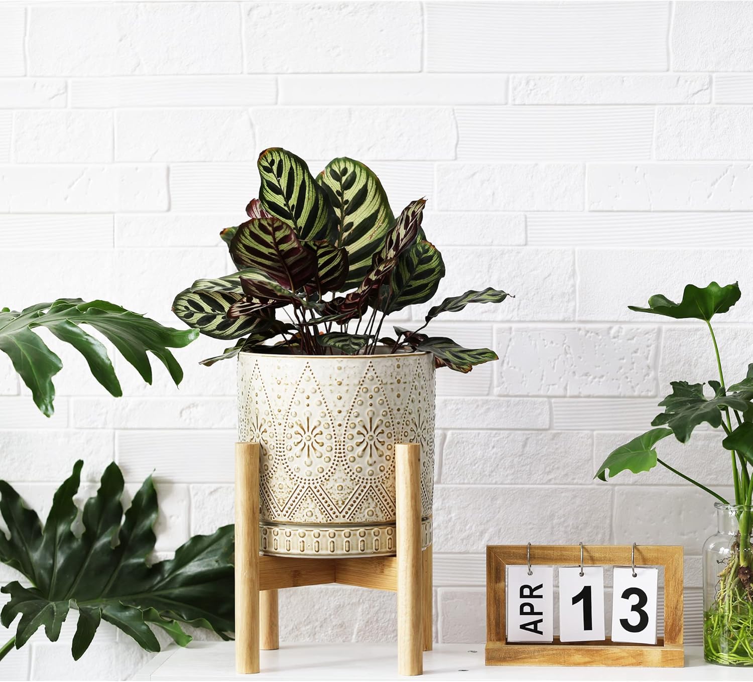 YFFSRJDJ 8 Inch Plant Pot with Stand, Ceramic Planter with Drainage Holes, Saucers and Mesh Pads for Indoor-Outdoor Plants - Image 7