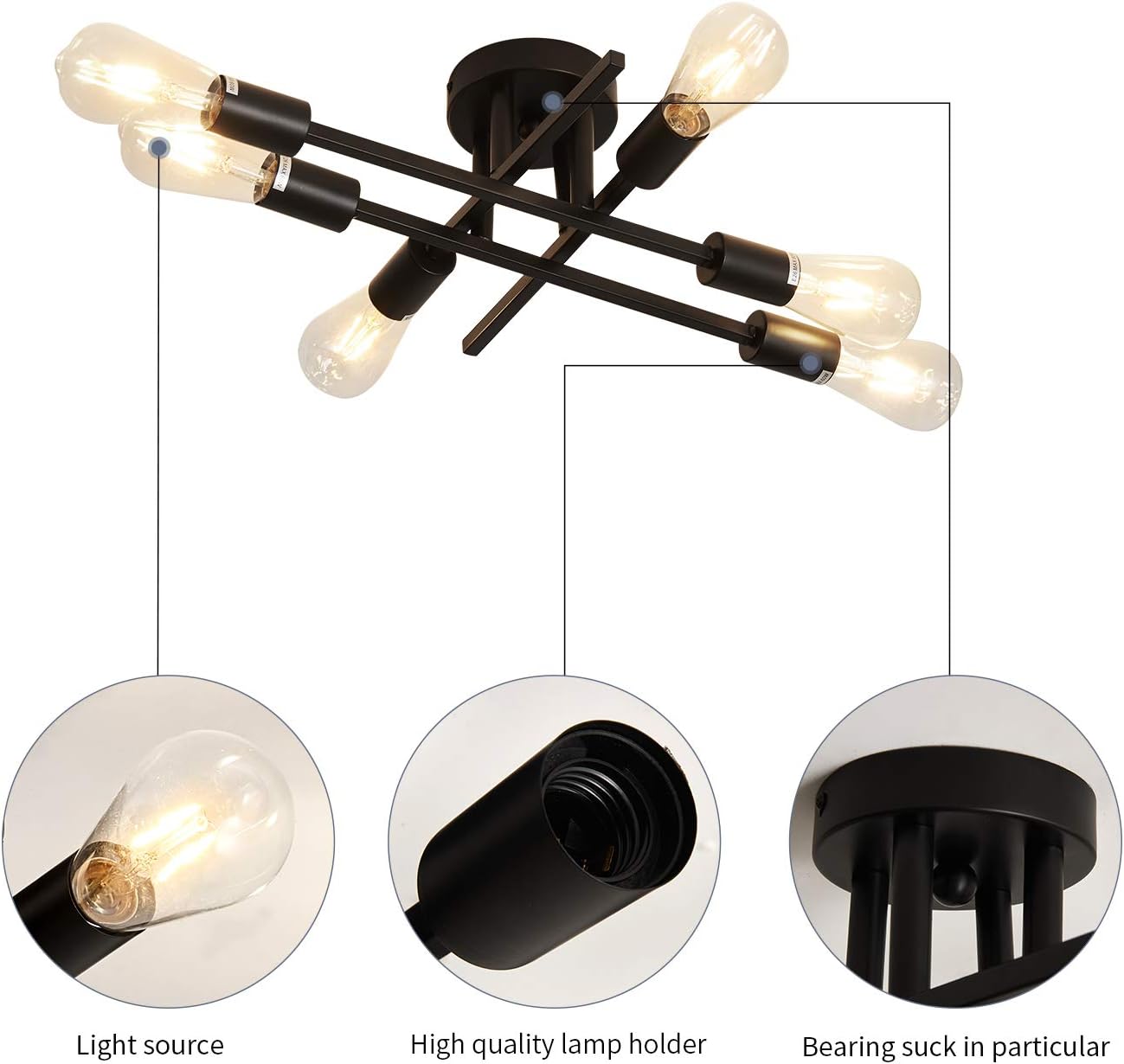 ZGLAOJT 6-Lights Semi Flush Mount Ceiling Light Fixture，Black Industrial Chandelier，Farmhouse Lighting for Dining Room Living Room Kitchen Bedroom - Image 9
